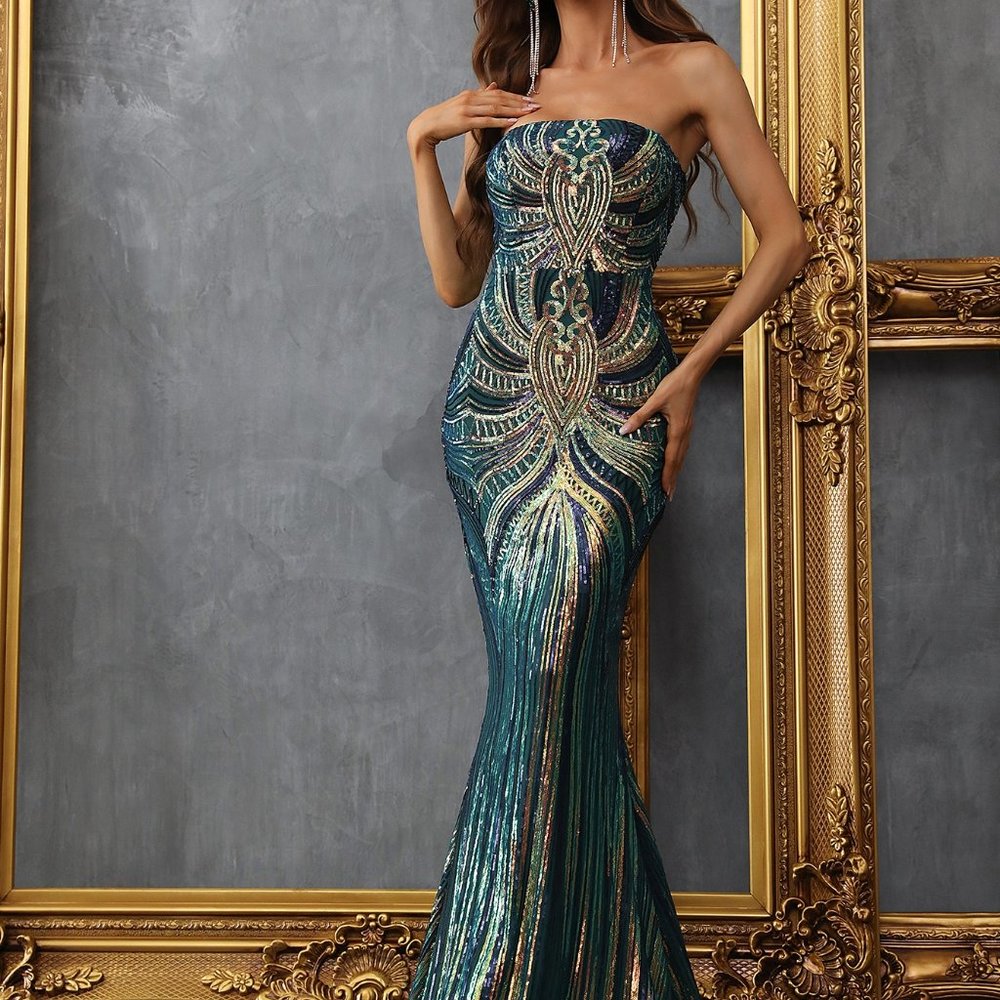 Brand New Backless Mermaid Hem Sequin Prom Dress Green - Picture 3 of 6